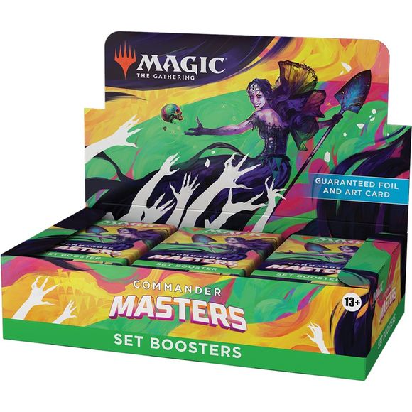 Roll out the red carpet for your Commander! Enhance your multiplayer decks with some of the greatest cards to ever grace the Commander format. We’ve also got some surprises in store, with some packs containing special treatment cards destined for starring roles in your collection.
This Commander Masters Set Booster Box contains 24 Commander Masters Set Boosters. Each Set Booster contains 15 Magic cards, 1 Art Card, and 1 token/ad card or card from “The List” (a special card from Magic's history—found in 25%