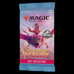 Each Set Booster contains 12 Magic cards and 1 Art Card, with 1–4 card(s) of rarity Rare or higher, 3–7 Uncommon, 3–7 Common, and 1 Land cards. The Land card is Traditional Foil in 20% of packs and is a Full-Art Showcase Land in 30% of packs. A Foil-Stamped Signature Art Card replaces the Art Card in 10% of Set Boosters. A special bonus card from Magic’s history can be found in 25% of packs.