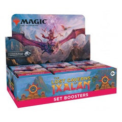 Explore the cavernous depths beneath Ixalan in a race to the hidden core. Will you uncover treasure and glory, or will your adventure spell certain doom? This The Lost Caverns of Ixalan Set Booster Box contains 30 The Lost Caverns of Ixalan Set Boosters and 1 Treasure Trove Box Topper card. Each Set Booster contains 12 Magic cards and 1 Art Card, with 1–4 card(s) of rarity Rare or higher, 3–7 Uncommon, 3–7 Common, and 1 Land cards. The Land card is Traditional Foil in 20% of packs and is a Full-Art Showcase