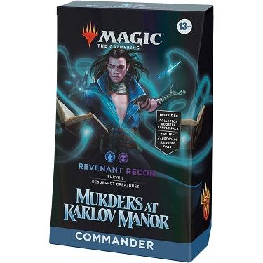 Mirko is a mind-manipulating vampire determined to unravel the true fate of House Dimir—and its shadowy guildmaster. Help him crack the case with a deck that’s ready to play right out of the box and experience Magic: The Gathering’s most popular multiplayer format. The Murders at Karlov Manor Revenant Recon Commander Deck includes 1 Blue-Black deck of 100 Magic cards (2 Traditional Foil Legendary cards, 98 nonfoil cards), a 2-card Collector Booster Sample Pack (contains 1 Traditional Foil or Nonfoil alt-bor