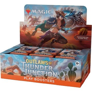 This Outlaws of Thunder Junction Play Booster Box contains 36 Play Boosters, perfect for both Limited play and opening packs just for fun. Each Play Booster contains 14 Magic: The Gathering cards and 1 Token/Ad card or Art card. (A regular Art card can be found in 30% of packs and a foil-stamped Signature Art card can be found in 5% of packs.) Each pack includes a combination of 1–5 cards of rarity Rare or higher and 3–6 Uncommon, 5–8 Common, and 1 Land cards. One card of any rarity is Traditional Foil. The