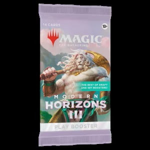 Modern Horizons 3 brings a heaping helping of exciting new cards to Modern, one of Magic's most celebrated formats. Play Boosters are the ideal booster for the play environment—especially Limited format events. Plus, they're a thrilling pack-opening experience, providing players the opportunity to snag multiple Rare cards or even a possible Booster Fun treatment.

Contents:
14 Magic: The Gathering cards
1-5 cards of rarity Rare of higher
3-6 Uncommon cards
5-9 Common cards
0-1 Land card (Traditional Foil La