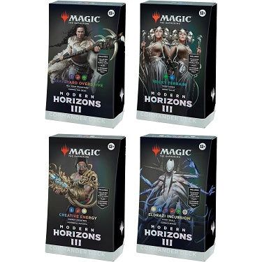 Release Date: 06/14/2024
This bundle includes all 4 Modern Horizons 3 Commander Decks—Graveyard Overdrive, Tricky Terrain, Creative Energy, and Eldrazi Incursion. Each deck set includes 1 ready-to-play deck of 100 Magic cards (2 Traditional Foil Legendary cards, 98 nonfoil cards), a 2-card Collector Booster Sample Pack (contains 1 Traditional Foil or nonfoil alt-frame card of rarity Rare or higher and 1 Traditional Foil alt-frame Common or Uncommon card), 1 foil-etched Display Commander (a thick cardstock c