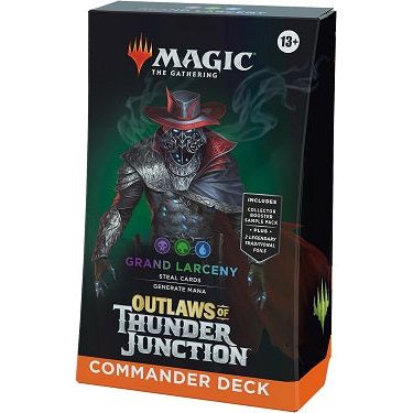 Once a thief, always a thief. Team up with Gonti to gain a wealth of stolen goods and outshine your opponents with a deck that’s ready to play right out of the box and experience Magic: The Gathering’s most popular multiplayer format. The Outlaws of Thunder Junction Grand Larceny Commander Deck includes 1 Black-Green-Blue deck of 100 Magic cards (2 Traditional Foil Legendary cards, 98 nonfoil cards), a 2-card Collector Booster Sample Pack (contains 1 Traditional Foil or nonfoil alt-border card of rarity Rar