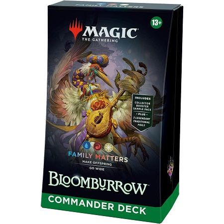 Battle your friends in epic multiplayer battles with a Blue-Red-White deck that’s ready to play right out of the box. This Bloomburrow Family Matters Commander Deck includes 1 deck of 100 Magic cards (3 Traditional Foil cards, 97 nonfoil cards), a 2-card Collector Booster Sample Pack (contains 1 Traditional Foil or nonfoil alt-border card of rarity Rare or higher and 1 Traditional Foil Uncommon card), 10 double-sided tokens, 1 deck box (can hold 100 sleeved cards), 1 Life Wheel, 1 strategy insert, and 1 ref