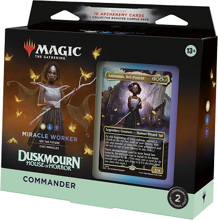 Cast fear into the hearts of your opponents with a White-Blue-Black deck that’s ready to play right out of the box. This Duskmourn: House of Horror Miracle Worker Commander Deck includes 1 deck of 100 Magic cards (98 nonfoil cards and 2 Traditional Foil Borderless Legendary cards), 10 Archenemy cards, a 2-card Collector Booster Sample Pack (contains 1 Traditional Foil or nonfoil alt-border card of rarity Rare or higher and 1 Traditional Foil Uncommon card), 10 double-sided tokens, 1 deck box (can hold 100 s