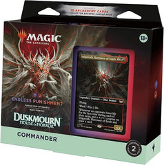 Cast fear into the hearts of your opponents with a Black-Red deck that’s ready to play right out of the box. This Duskmourn: House of Horror Endless Punishment Commander Deck includes 1 deck of 100 Magic cards (98 nonfoil cards and 2 Traditional Foil Borderless Legendary cards), 10 Archenemy cards, a 2-card Collector Booster Sample Pack (contains 1 Traditional Foil or nonfoil alt-border card of rarity Rare or higher and 1 Traditional Foil Uncommon card), 10 double-sided tokens, 1 deck box (can hold 100 slee