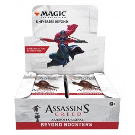 Release Date: 07/05/2024
The past is yours to explore! This Magic: The Gathering - Assassin’s Creed Beyond Booster Box contains 24 Beyond Boosters. Beyond Boosters provide a curated opening experience for fans, with 7 Magic cards and 1 token/ad card or Art Card (Art Card in 8% of packs) in each pack. Every pack includes a combination of 1–4 card(s) of rarity Rare or higher, 3–5 Uncommon cards, and 0–1 Basic Land card. A foil-stamped Signature Art Card replaces the Art Card in 1% of Beyond Boosters. A Tradit