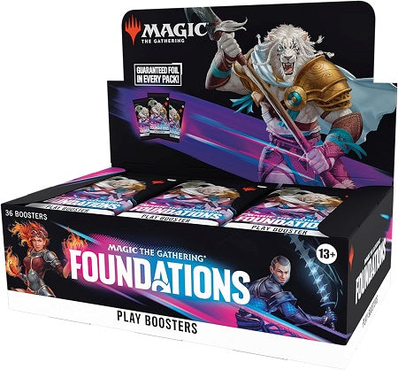 The best time for your community's first Magic game is now. Dive into Foundations, and experience quintessential Magic: The Gathering by playing with and collecting cards selected to give every player the advantage. Whether a past, present, or future Magic player, Foundations invite you to share your spark!
Play Boosters are the best way to discover all that Magic has to offer. Construct a deck out of your favorite color combinations, draft packs with friends, and open gorgeous Borderless cards—plus you can