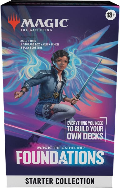 Release Date: 11/15/2024
This Foundations Starter Collection contains everything you need to build your own Magic: The Gathering decks and establish a solid foundation to any Magic card collection, including over 350 cards with essential staples for any color and any way you want to play. Enjoy old and new favorites alike as you build your first—or your fiftieth—deck with included tutorials and expert recommendations. Each Foundations Starter Collection includes 26 Traditional Foil cards, 361 regular cards