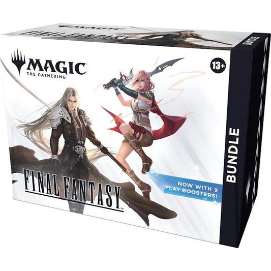 Release Date: 06/13/2025
Enter battle in Magic: The Gathering with some of the most iconic characters, items, and moments from the sixteen core games in the legendary FINAL FANTASY series. Step into these unforgettable stories and give them a whole new spin! This Bundle includes a full inventory of treasures, with 9 Magic: The Gathering—FINAL FANTASY Play Boosters (each containing 14 cards), 2 Traditional Foil Extended-Art cards, 16 Traditional Foil and 16 nonfoil Full-Art Basic Land cards, 1 oversized Spin