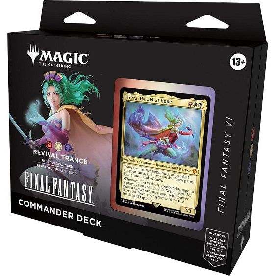 Release Date: 06/13/2025
The Revival Trance deck features cards themed around FINAL FANTASY VI. Land cards may appear from other FINAL FANTASY games. Includes 1 deck of 100 Magic cards (98 nonfoil cards and 2 Traditional Foil Legendary cards), a 2-card Collector Booster Sample Pack (contains 2 alt-border cards, with at least 1 Traditional Foil), 10 double-sided token cards, 1 deck box (can hold 100 sleeved cards), 1 strategy insert, and 1 reference card. This product does not contain a serialized card (avai