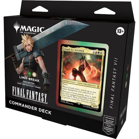 Release Date: 06/13/2025
The Limit Break deck features cards themed around FINAL FANTASY VII. Land cards may appear from other FINAL FANTASY games. Includes 1 deck of 100 Magic cards (98 nonfoil cards and 2 Traditional Foil Legendary cards), a 2-card Collector Booster Sample Pack (contains 2 alt-border cards of rarity Rare or higher, at least 1 of which is Traditional Foil), 10 double-sided token cards, 1 deck box (can hold 100 sleeved cards), 1 strategy insert, and 1 reference card. This product does not c