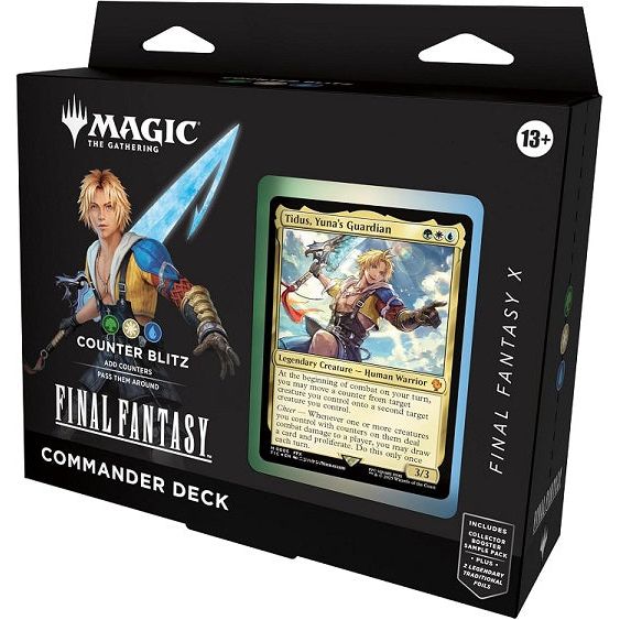 Release Date: 06/13/2025
The Counter Blitz deck features cards themed around FINAL FANTASY X. Land cards may appear from other FINAL FANTASY games. Includes 1 deck of 100 Magic cards (98 nonfoil cards and 2 Traditional Foil Legendary cards), a 2-card Collector Booster Sample Pack (contains 2 alt-border cards of rarity Rare or higher, at least 1 of which is Traditional Foil), 6 double-sided token cards, 1 deck box (can hold 100 sleeved cards), 1 strategy insert, and 1 reference card. This product does not co