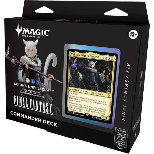 Release Date: 06/13/2025
The Scions & Spellcraft deck features cards themed around FINAL FANTASY XIV. Land cards may appear from other FINAL FANTASY games. Includes 1 deck of 100 Magic cards (98 nonfoil cards and 2 Traditional Foil Legendary cards), a 2-card Collector Booster Sample Pack (contains 2 alt-border cards of rarity Rare or higher, at least 1 of which is Traditional Foil), 10 double-sided token cards, 1 deck box (can hold 100 sleeved cards), 1 strategy insert, and 1 reference card. This product do