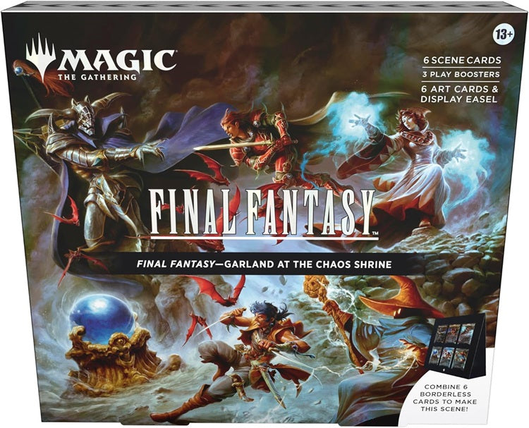 This Magic: The Gathering—FINAL FANTASY Scene Box, Garland at the Chaos Shrine, contains 6 Traditional Foil Borderless Scene Cards, 6 Art-Only Scene Cards, 3 Play Boosters, and a paper display easel. Each Play Booster contains 14 Magic: The Gathering cards, including 1–4 cards of rarity Rare or higher, 3–6 Uncommon cards, 6–9 Common cards, and 1 Land card. One card of any rarity is Traditional Foil. The Land card is also Traditional Foil in 20% of Play Boosters. This product does not contain a Golden Chocob