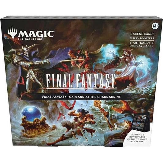This Magic: The Gathering—FINAL FANTASY Scene Box, Garland at the Chaos Shrine, contains 6 Traditional Foil Borderless Scene Cards, 6 Art-Only Scene Cards, 3 Play Boosters, and a paper display easel. Each Play Booster contains 14 Magic: The Gathering cards, including 1–4 cards of rarity Rare or higher, 3–6 Uncommon cards, 6–9 Common cards, and 1 Land card. One card of any rarity is Traditional Foil. The Land card is also Traditional Foil in 20% of Play Boosters. This product does not contain a Golden Chocob