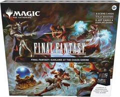 This Magic: The Gathering—FINAL FANTASY Scene Box, Garland at the Chaos Shrine, contains 6 Traditional Foil Borderless Scene Cards, 6 Art-Only Scene Cards, 3 Play Boosters, and a paper display easel. Each Play Booster contains 14 Magic: The Gathering cards, including 1–4 cards of rarity Rare or higher, 3–6 Uncommon cards, 6–9 Common cards, and 1 Land card. One card of any rarity is Traditional Foil. The Land card is also Traditional Foil in 20% of Play Boosters. This product does not contain a Golden Chocob