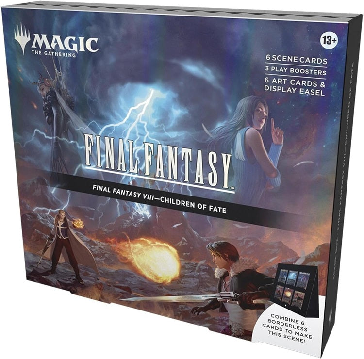 This Magic: The Gathering—FINAL FANTASY Scene Box, Children of Fate, contains 6 Traditional Foil Borderless Scene Cards, 6 Art-Only Scene Cards, 3 Play Boosters, and a paper display easel. Each Play Booster contains 14 Magic: The Gathering cards, including 1–4 cards of rarity Rare or higher, 3–6 Uncommon cards, 6–9 Common cards, and 1 Land card. One card of any rarity is Traditional Foil. The Land card is also Traditional Foil in 20% of Play Boosters. This product does not contain a Golden Chocobo card (ava