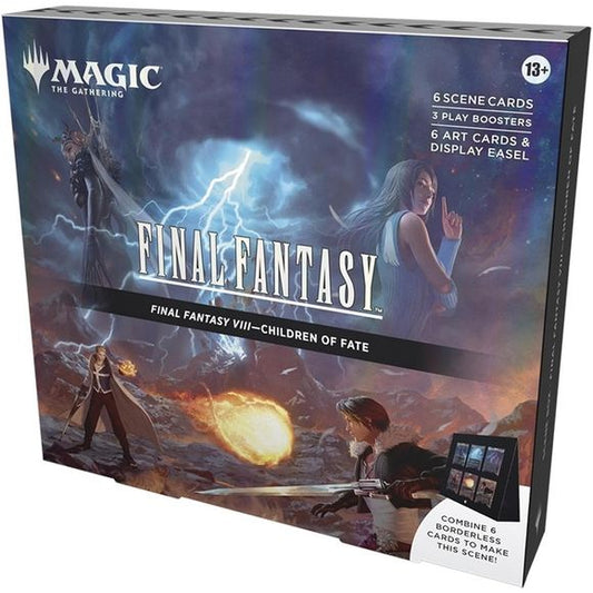 This Magic: The Gathering—FINAL FANTASY Scene Box, Children of Fate, contains 6 Traditional Foil Borderless Scene Cards, 6 Art-Only Scene Cards, 3 Play Boosters, and a paper display easel. Each Play Booster contains 14 Magic: The Gathering cards, including 1–4 cards of rarity Rare or higher, 3–6 Uncommon cards, 6–9 Common cards, and 1 Land card. One card of any rarity is Traditional Foil. The Land card is also Traditional Foil in 20% of Play Boosters. This product does not contain a Golden Chocobo card (ava