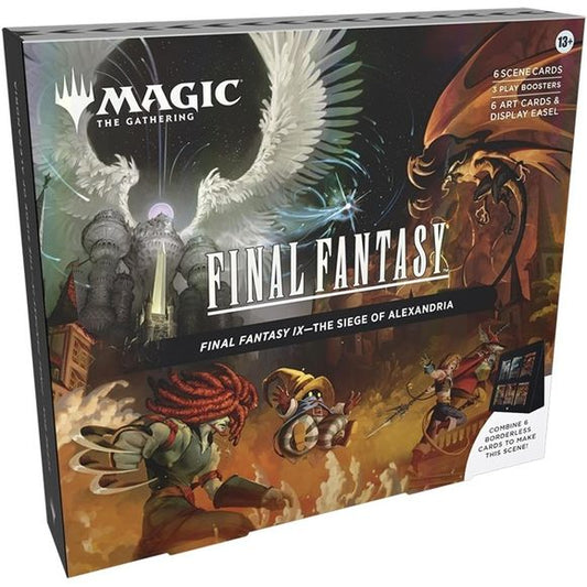 This Magic: The Gathering—FINAL FANTASY Scene Box, The Siege of Alexandria, contains 6 Traditional Foil Borderless Scene Cards, 6 Art-Only Scene Cards, 3 Play Boosters, and a paper display easel. Each Play Booster contains 14 Magic: The Gathering cards, including 1–4 cards of rarity Rare or higher, 3–6 Uncommon cards, 6–9 Common cards, and 1 Land card. One card of any rarity is Traditional Foil. The Land card is also Traditional Foil in 20% of Play Boosters. This product does not contain a Golden Chocobo ca