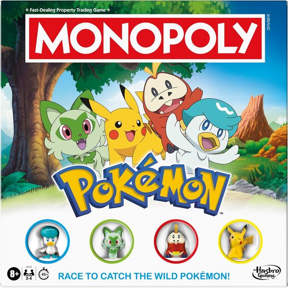 Race to catch the wild Pokémon! The Monopoly Pokémon Edition game combines classic Monopoly gameplay with thrilling Pokémon-catching action. Play as a Pokémon Trainer adventuring through a vast land with a Pokémon partner. In this fun kids game, Properties are vibrant locations and Poké Balls replace money. Players explore locations, catch different types of wild Pokémon to add to their tracker mat, and battle rival Trainers to collect Poké Balls. Be the first Trainer to complete their tracker mat or the la