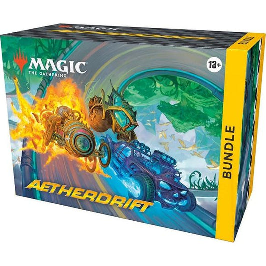 Release Date: 02/14/2025
Put the pedal to the metal and feel the adrenaline with a box full of Aetherdrift cards and exclusive accessories. This Bundle contains 9 Aetherdrift Play Boosters, plus 1 Traditional Foil card with Bundle-exclusive alternate-art, 20 Traditional Foil and 20 nonfoil Land cards, 1 oversized Spindown life counter, 1 card storage box, and 2 reference cards. Each Play Booster contains 14 Magic: The Gathering cards, including 1–4 cards of rarity Rare or higher and at least 1 Traditional F