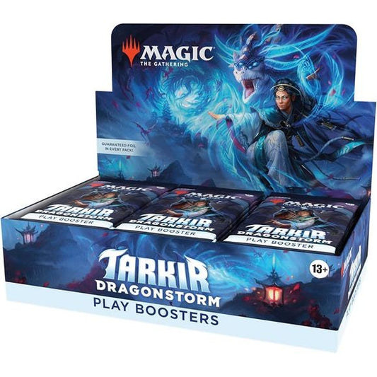 Release Date 04/11/2025
Contains:
30 Tarkir: Dragonstorm Play Boosters; each Play Booster contains 14 Magic: The Gathering cards
Each Play Booster may contain these cards: TDM 1–286, 292–398; SPG 104–113
1–4 cards of rarity Rare or higher (2: 26%; 3: 2%; 4: <1%),
3–5 Uncommon cards
6–9 Common cards
Traditional Foil Land replaces a Land in 20% of boosters.
1 card of any rarity is Traditional Foil
Foil Borderless Mythic Planeswalker in <1% of boosters