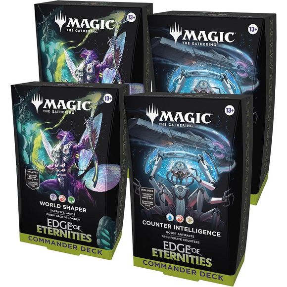 This bundle includes 2 of each Edge of Eternities Commander Deck, with 2 World Shaper decks and 2 Counter Intelligence decks. Each includes 1 deck of 100 Magic cards (98 nonfoil cards and 2 Traditional Foil Borderless Legendary cards), a 2-card Collector Booster Sample Pack (contains 1 Traditional Foil or nonfoil alt-border card of rarity Rare or higher and 1 Traditional Foil Uncommon card), double-sided token cards (10 in Counter Intelligence and 6 in World Shaper), 1 deck box (can hold 100 sleeved cards),