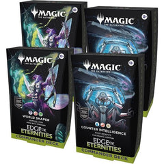 This bundle includes 2 of each Edge of Eternities Commander Deck, with 2 World Shaper decks and 2 Counter Intelligence decks. Each includes 1 deck of 100 Magic cards (98 nonfoil cards and 2 Traditional Foil Borderless Legendary cards), a 2-card Collector Booster Sample Pack (contains 1 Traditional Foil or nonfoil alt-border card of rarity Rare or higher and 1 Traditional Foil Uncommon card), double-sided token cards (10 in Counter Intelligence and 6 in World Shaper), 1 deck box (can hold 100 sleeved cards),