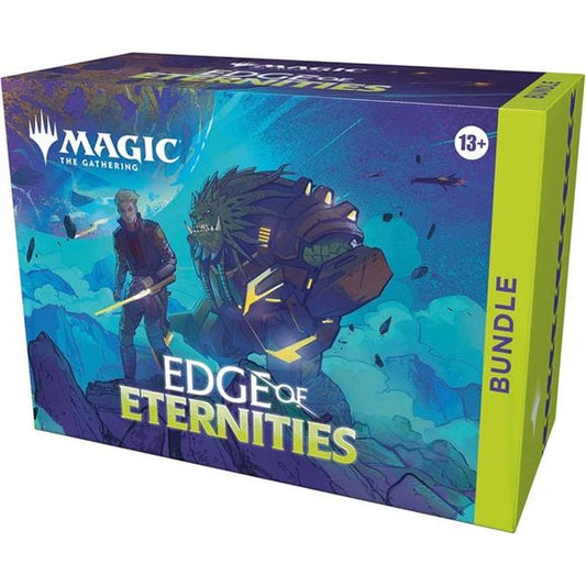 Release Date: 08/01/2025
Contains:
9 Edge of Eternities Play Boosters; each Play Booster contains 14 Magic: The Gathering cards
1 Traditional Foil card with Bundle-exclusive alternate-art
15 Traditional Foil basic lands
15 nonfoil basic lands
1 oversized Spindown life counter
1 card storage box
2 reference cards