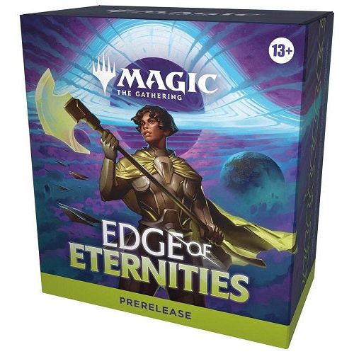 Contains:
6 Edge of Eternities Play Boosters
1 Traditional Foil Rare/Mythic with a year stamp
Spindown life counter
Play Boosters may contain these cards: EOE 1–316; EOS 1–45; SPG 119–128. Each Play Booster includes 1–4 cards of rarity Rare or higher (2: 30%; 3: 3%; 4: <1%), and 3–5 Uncommon, 6–9 Common, and 1 Land cards. 1 card of any rarity is Traditional Foil. Foil Borderless Mythic in <1% of boosters. Traditional Foil Land replaces a Land in 20% of boosters.