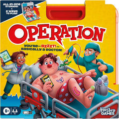 Operation is a dexterity game in which you must extract silly body parts from a hapless patient. In the course of the game you acquire cards which dictate that you must remove a certain piece from the body of the patient. To do this you use a set of tweezers that are attached by wire to the game board. If you are sloppy and touch the metal sides of the hole where the item is located, the patient's pain is indicated by a sudden buzzer and light-up nose. Successful extractions net cash, and the player with th