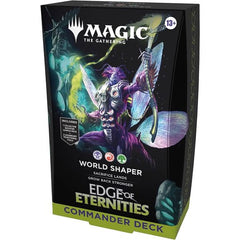Battle your friends with powerful creatures and spectacular spells in Commander, Magic’s most popular multiplayer format. This Edge of Eternities World Shaper Commander Deck includes 1 deck of 100 Magic cards (98 nonfoil cards and 2 Traditional Foil Borderless Legendary cards), a 2-card Collector Booster Sample Pack (contains 1 Traditional Foil or nonfoil alt-border card of rarity Rare or higher and 1 Traditional Foil Uncommon card), 6 double-sided token cards, 4 punchout counters, 1 deck box (can hold 100
