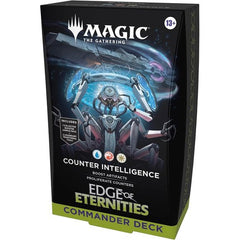 Battle your friends with powerful creatures and spectacular spells in Commander, Magic’s most popular multiplayer format. This Edge of Eternities Counter Intelligence Commander Deck includes 1 deck of 100 Magic cards (98 nonfoil cards and 2 Traditional Foil Borderless Legendary cards), a 2-card Collector Booster Sample Pack (contains 1 Traditional Foil or nonfoil alt-border card of rarity Rare or higher and 1 Traditional Foil Uncommon card), 10 double-sided token cards, 1 deck box (can hold 100 sleeved card