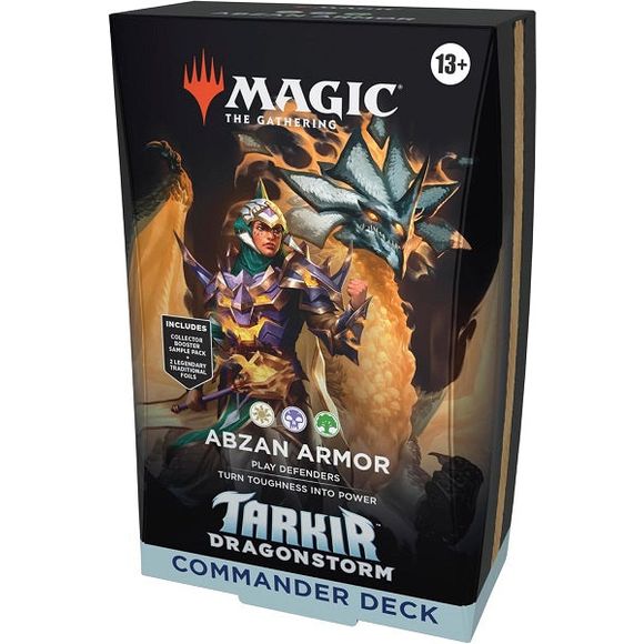 Release Date: 04/11/2025
Battle your friends with powerful creatures and spectacular spells in Commander, Magic’s most popular multiplayer format. This Tarkir: Dragonstorm Abzan Armor Commander Deck includes 1 White-Black-Green deck of 100 Magic cards (98 nonfoil cards and 2 Traditional Foil Borderless Legendary cards), a 2-card Collector Booster Sample Pack (contains 1 Traditional Foil or nonfoil alt-border card of rarity Rare or higher and 1 Traditional Foil Uncommon card), 10 double-sided tokens, 1 deck