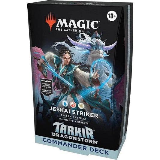 Release Date: 04/11/2025
Battle your friends with powerful creatures and spectacular spells in Commander, Magic’s most popular multiplayer format. This Tarkir: Dragonstorm Jeskai Striker Commander Deck includes 1 Blue-Red-White deck of 100 Magic cards (98 nonfoil cards and 2 Traditional Foil Borderless Legendary cards), a 2-card Collector Booster Sample Pack (contains 1 Traditional Foil or nonfoil alt-border card of rarity Rare or higher and 1 Traditional Foil Uncommon card), 10 double-sided tokens, 1 deck