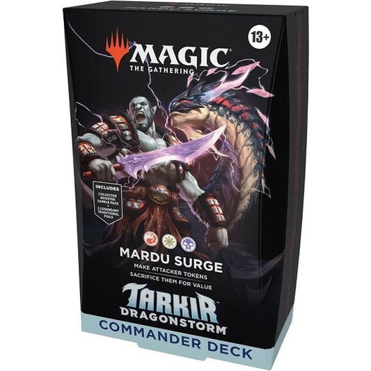 Release Date: 04/11/2025
Battle your friends with powerful creatures and spectacular spells in Commander, Magic’s most popular multiplayer format. This Tarkir: Dragonstorm Mardu Surge Commander Deck includes 1 Red-White-Black deck of 100 Magic cards (98 nonfoil cards and 2 Traditional Foil Borderless Legendary cards), a 2-card Collector Booster Sample Pack (contains 1 Traditional Foil or nonfoil alt-border card of rarity Rare or higher and 1 Traditional Foil Uncommon card), 10 double-sided tokens, 1 deck bo