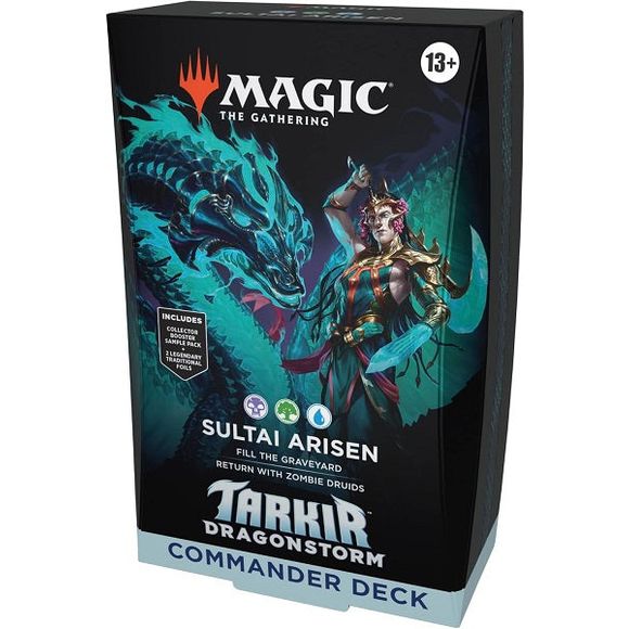 Release Date: 04/11/2025
Battle your friends with powerful creatures and spectacular spells in Commander, Magic’s most popular multiplayer format. This Tarkir: Dragonstorm Sultai Arisen Commander Deck includes 1 Black-Green-Blue deck of 100 Magic cards (98 nonfoil cards and 2 Traditional Foil Borderless Legendary cards), a 2-card Collector Booster Sample Pack (contains 1 Traditional Foil or nonfoil alt-border card of rarity Rare or higher and 1 Traditional Foil Uncommon card), 10 double-sided tokens, 1 deck