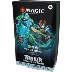 Release Date: 04/11/2025
Battle your friends with powerful creatures and spectacular spells in Commander, Magic’s most popular multiplayer format. This Tarkir: Dragonstorm Temur Roar Commander Deck includes 1 Green-Blue-Red deck of 100 Magic cards (98 nonfoil cards and 2 Traditional Foil Borderless Legendary cards), a 2-card Collector Booster Sample Pack (contains 1 Traditional Foil or nonfoil alt-border card of rarity Rare or higher and 1 Traditional Foil Uncommon card), 10 double-sided tokens, 1 deck box