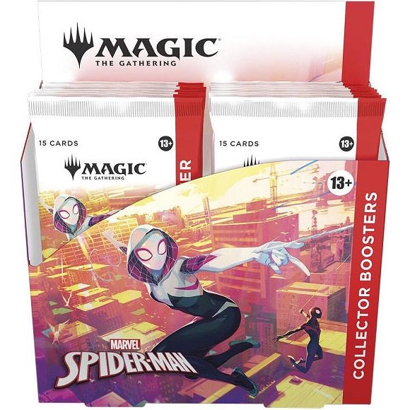 Release Date 09/26/2025
Collector Boosters gather all the coolest cards and foil treatments in one place! Each booster contains Rares and/or Mythics, Traditional Foils, a Borderless basic land, and more. Web-slinging heroes may encounter even more beautiful foils and picture-perfect lands. You could also find the headliner card—the most collectible pull of all!

Contents:
12 Marvel's Spider-Man Collector Boosters; each Collector Booster contains:
15 Magic: The Gathering cards
Collector Boosters may contain