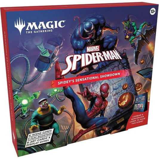 Release Date: September 26th 2025
Immortalize an iconic moment with the Marvel's Spider-Man Scene Box. Power up your deck or collection with these six Borderless Scene cards and piece them together to reveal the full story. A devious ambush adds triple the trouble for Spider-Man! Can he save the city and still make it to date night with MJ?
 
Contents:
3 Marvel's Spider-Man Play Boosters; each Play Booster contains:
14 Magic: The Gathering cards
Play Boosters may contain these cards: SPM 1–231; MAR 1–40
Inc