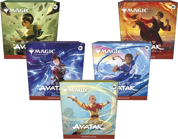 Release Date: Nov 14, 2025
Choose one of five seeded Prerelease Packs and begin your journey with Magic: The Gathering | Avatar: The Last Airbender. Each Prerelease Pack contains the following:
• 5 Play Boosters
• 1 Seeded Avatar: The Last Airbender Character Booster (Each Character Booster is themed around a different Avatar: The Last Airbender character and a color of Magic.)
• 2 Non-foil double-sided tokens themed to your Prerelease Pack's color
• 1 Traditional foil year-stamped rare or mythic rare
• 1 S