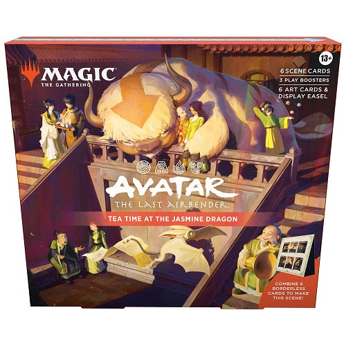Release Date: 11/21/2025
Immortalize iconic moments with Magic: The Gathering | Avatar: The Last Airbender Scene Boxes. Power up your deck or collection with six borderless scene cards and piece them together to reveal the full story.
The Black Sun Invasion Scene Box Team Avatar leads the invasion of the Fire Nation during the solar eclipse. Are they walking into a deadly trap?
Tea Time at the Jasmine Dragon Old friends reunite for a cup of jasmine tea at Uncle Iroh's shop. Can friendships last more than on