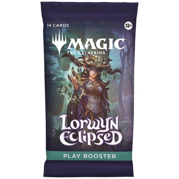 Lorwyn Eclipsed Play Booster Pack Contains:
• 14 Magic: The Gathering cards
• May contain these cards: ECL 1–351; SPG 129–148
• 1–4 cards of rarity rare or higher (2: 27%; 3: 2%; 4: <1%)
• 3–5 uncommon cards
• 6–9 common cards
• 1 land
• 1 card of any rarity is traditional foil
• Foil borderless mythic rare in <1% of boosters
• Traditional foil land replaces a land in 20% of boosters