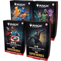Release Date June 26, 2026
This bundle includes all 4 Magic: The Gathering | Marvel Super Heroes decks: Avengers Assemble, Wakanda Forever, The Fantastic Four, and Doom Prevails. Each includes 1 deck of 100 Magic cards, 10 double-sided token cards, 1 deck box (can hold 100 sleeved cards), 1 strategy guide, and 1 reference card. The Avengers Assemble, Wakanda Forever, and Doctor Doom decks each include 1 Traditional Foil Borderless card and 99 regular cards. The Fantastic Four deck includes 4 Traditional Foi