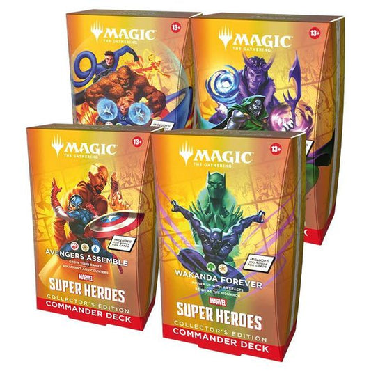 Release Date June 26, 2026
Commander decks are ready to play right out of the box and contain everything you need to play Magic's most popular multiplayer format. Magic: The Gathering | Marvel Super Heroes Commander Decks Collector's Edition feature four different Commander deck versions and each includes 100 surge foil cards.
Case Contents:
• 4 Marvel Super Heroes Commander Decks; one of each type
Deck Contents:
• 1 ready-to-play deck of 100 Magic cards
• Includes 100 surge foil cards
• 30 new-to-Magic car