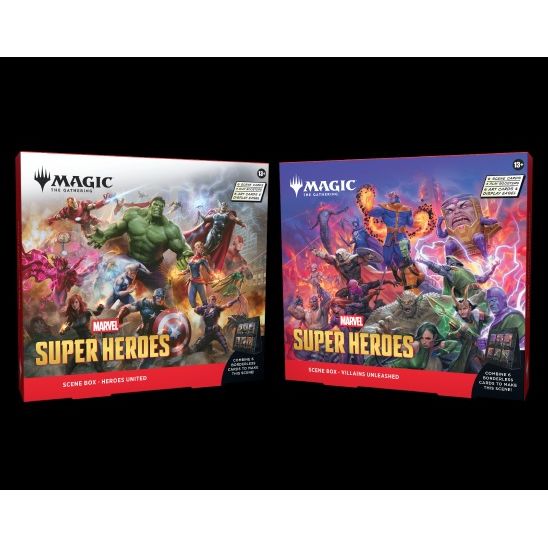Release Date June 26, 2026
Immortalize epic conflicts with a Magic: The Gathering | Marvel Super Heroes Scene Box. Power up your deck or collection with six traditional foil borderless scene cards. While each scene card is a playable Magic card (including game text), this box also contains six art-only cards that allow you to appreciate the scene in all its glory and display it on the included easel! Each Scene Box comes with three Play Boosters; the best way to discover what Magic has to offer, they're per