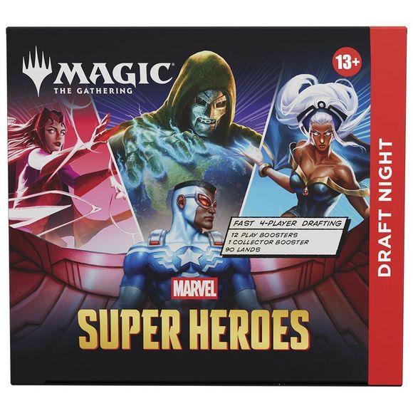 Release Date: June 26, 2026
It’s a draft party in a box! Draft Night is the self-contained kit for hosting a Pick-Two Draft for four players. Pick-Two encourages fast, dynamic drafting that’s great for kitchen table play or adding a dash of variety to game night! Crown the winner with the packed-in Marvel Super Heroes Collector Booster (or you can keep it for yourself, we won’t judge). Contains 12 Play Boosters, 1 Collector Booster, 90 Basic Land cards, and 10 double-sided token cards