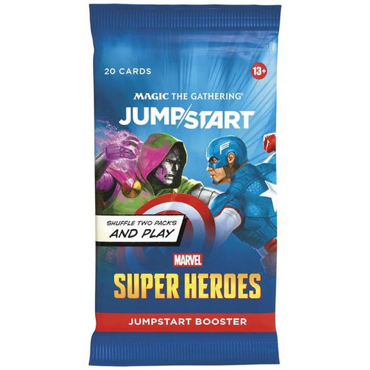 Release Date June 26, 2026
ach Jumpstart Booster includes 20 cards.
The game of chaotic combinations gets mashed up with the Marvel Universe! Just grab two packs, shuffle them together, and you're ready to battle. Each pack includes all the lands you need and has 1 of 51 possible Marvel Super Heroes themes; combine two to build your dream super team of Heroes and Villains and unleash their earthshaking abilities. With instant deck building and delightful theme combos, Jumpstart is great for a quick game or